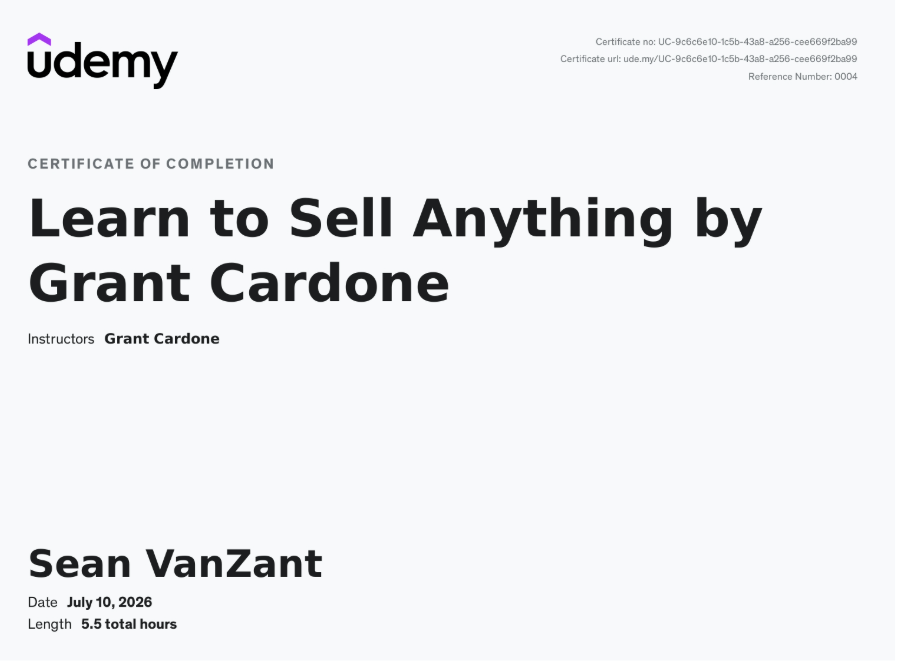 udemy certificate for learn how to sell anything